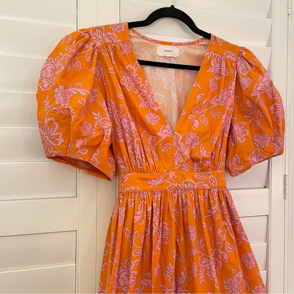 Xirena Larkyn Dress in Tropicana Orange Puff Sleeve Floral Print Midi Dress Med - Picture 7 of 11